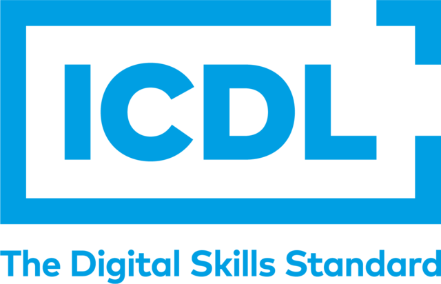 Cyan web ICDL logo with strap STACKED